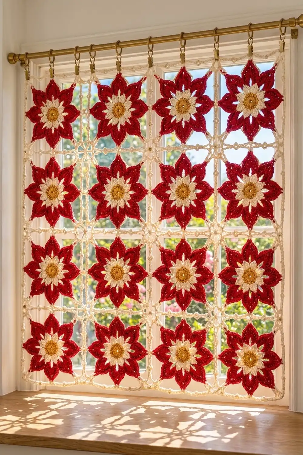 Handmade crocheted curtain with red flowers and cream grid pattern hanging in a bright window.