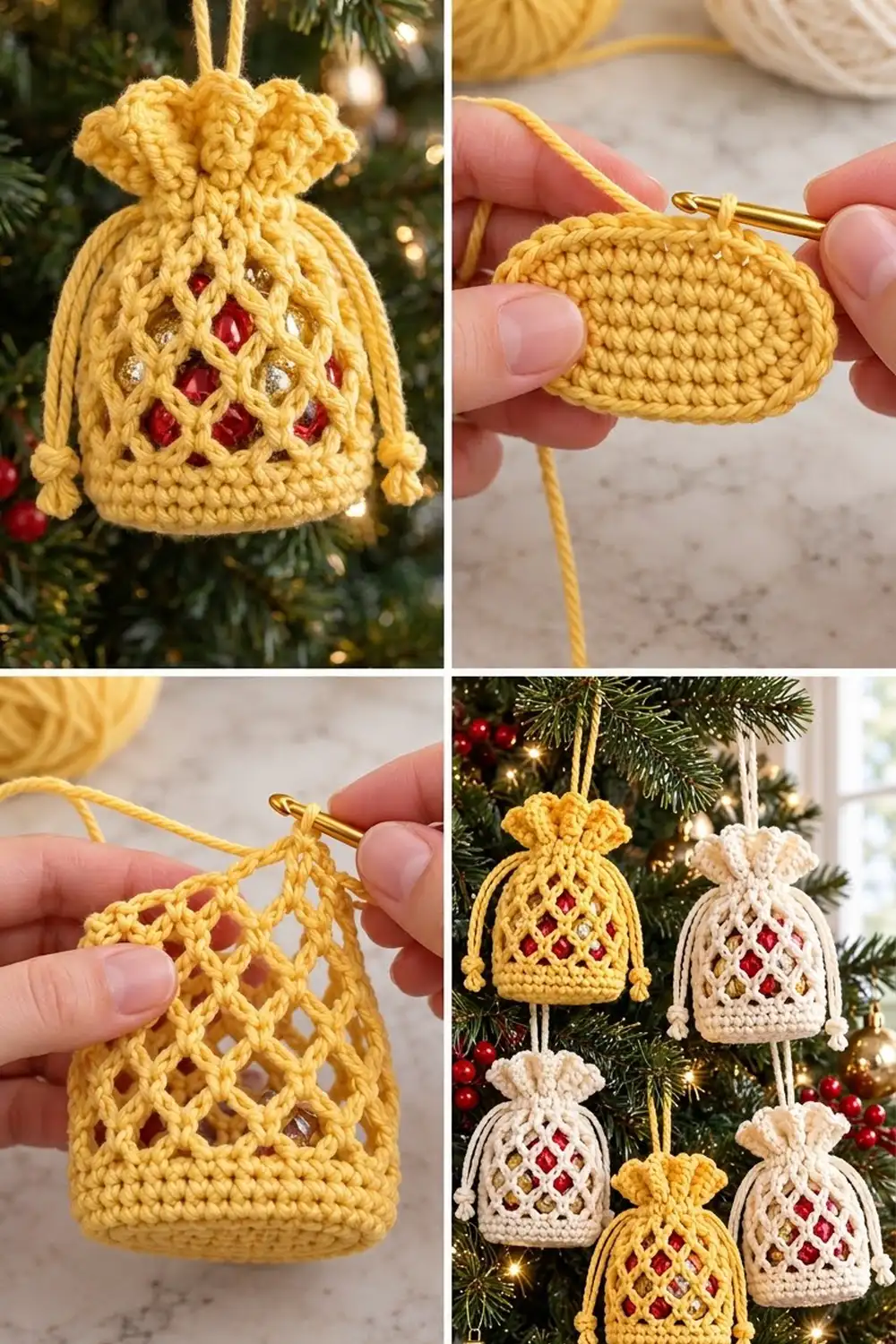 Golden-yellow crocheted drawstring ornaments with open diamond patterns, red stones, and drawstring tassels on Christmas tree.