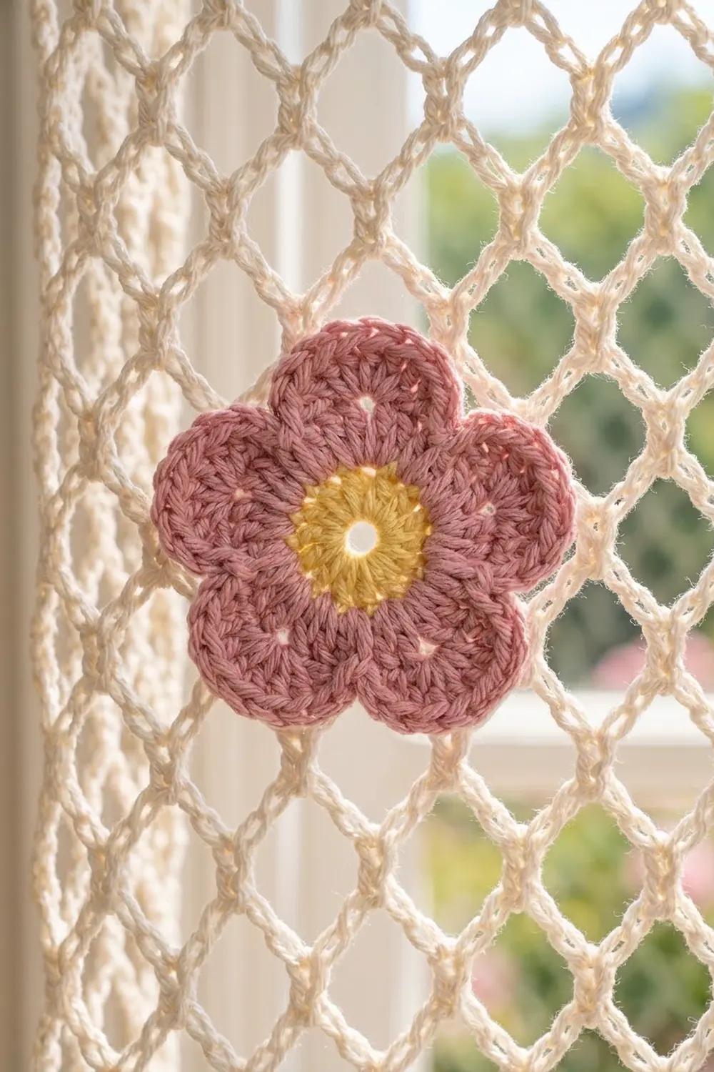 A dusty rose crocheted flower with golden center displayed on cream lace mesh overlooking a blurred garden.