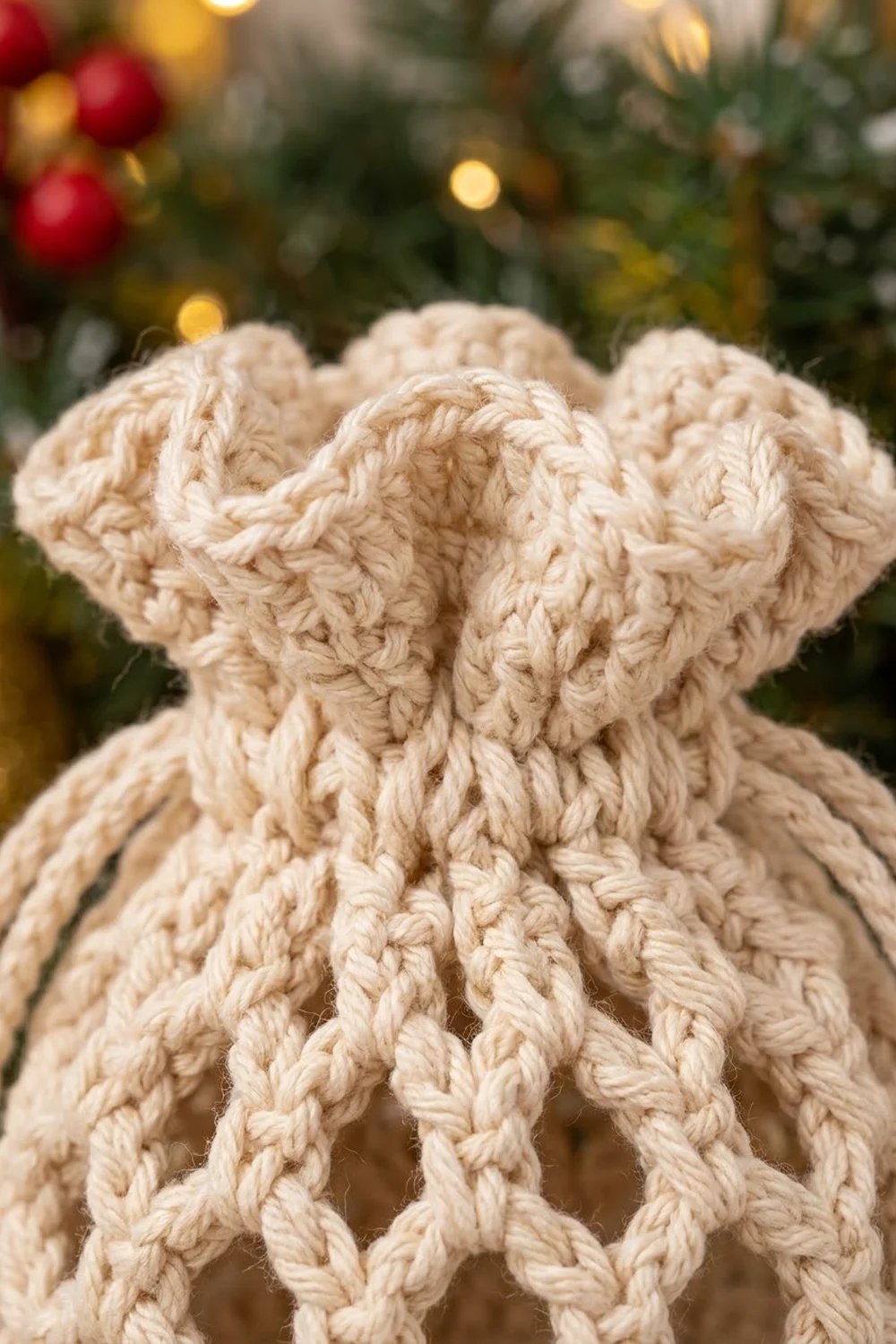 Cream-colored crocheted teddy bear with intricate cable stitch detail, holiday ornaments blurred in background.