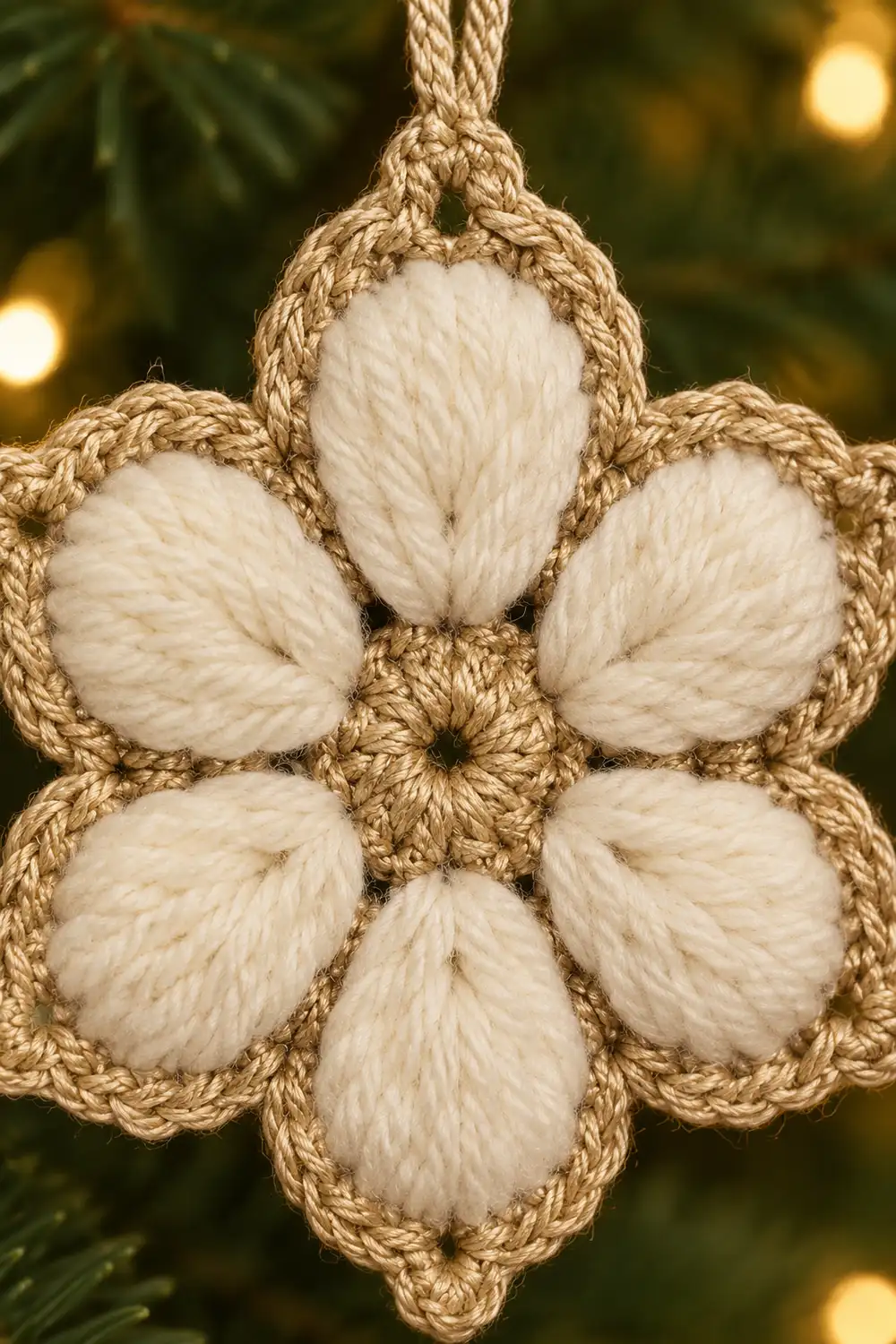 A handmade macramé flower ornament with cream petal centers and natural jute rope framework hanging from evergreen branches.