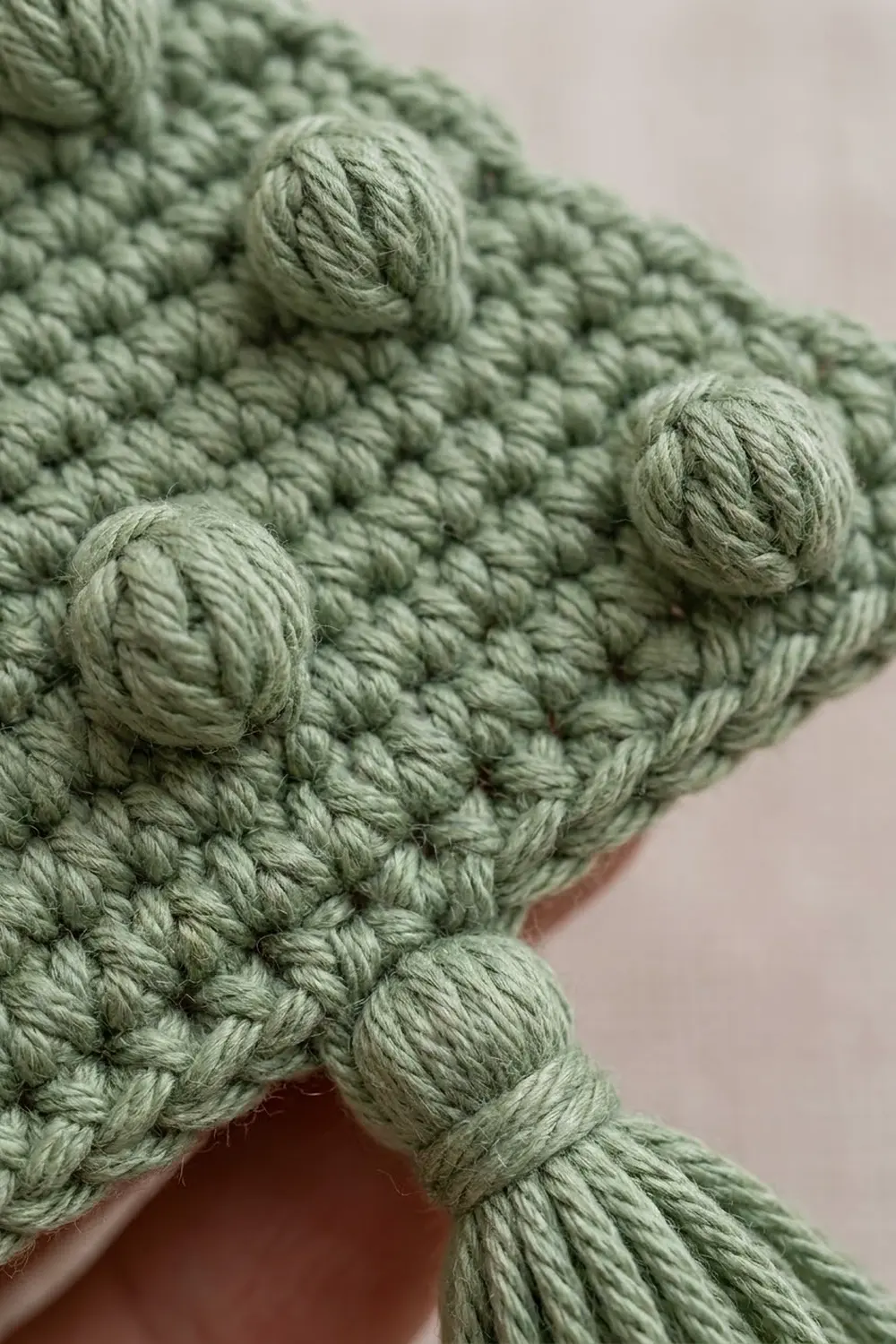 Pale sage green crochet with puffy popcorn stitch embellishments creating textured dimensional details across the surface.