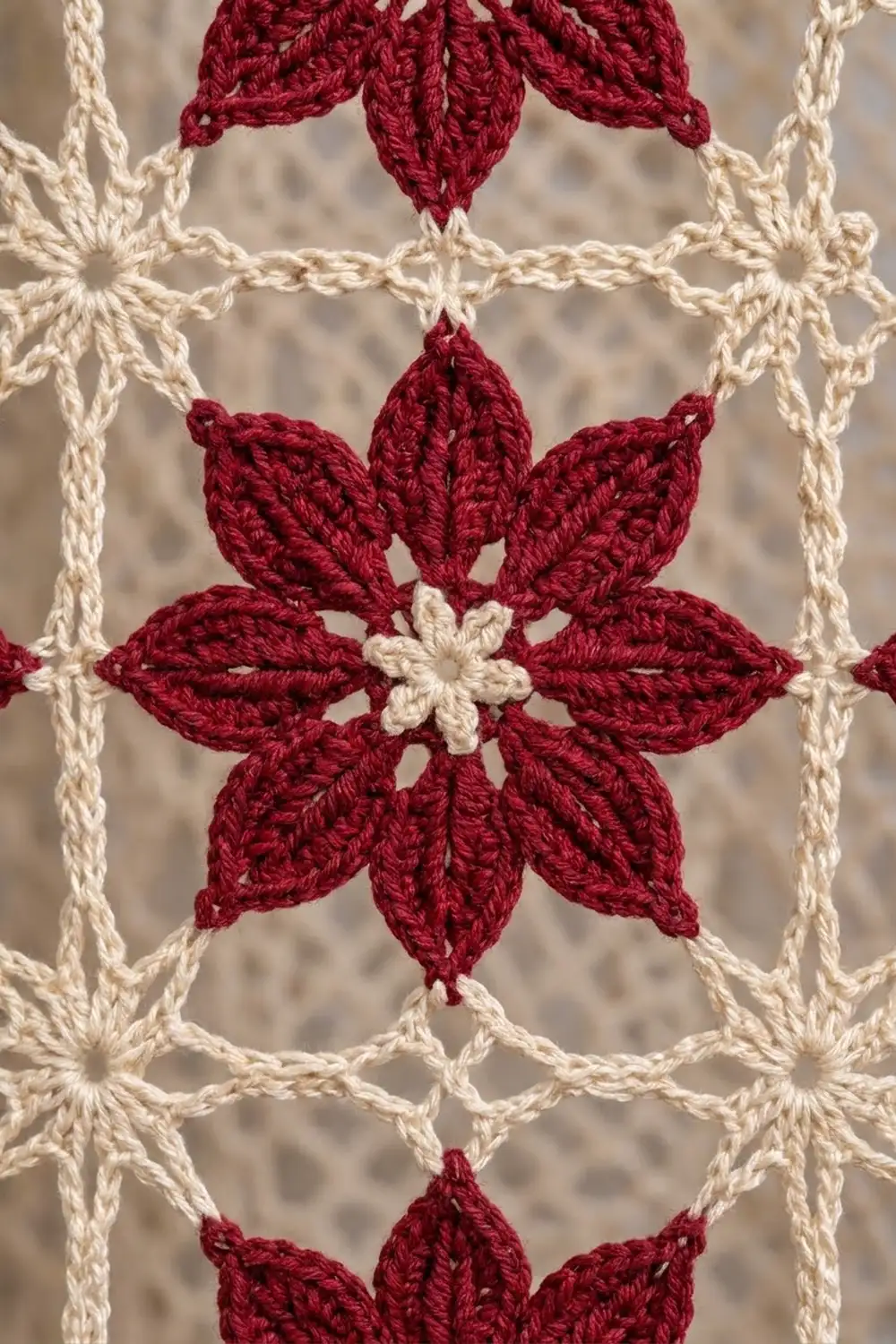 Close-up of crochet with burgundy flowers, cream centers, and ivory chain stitches forming a geometric repeating pattern.