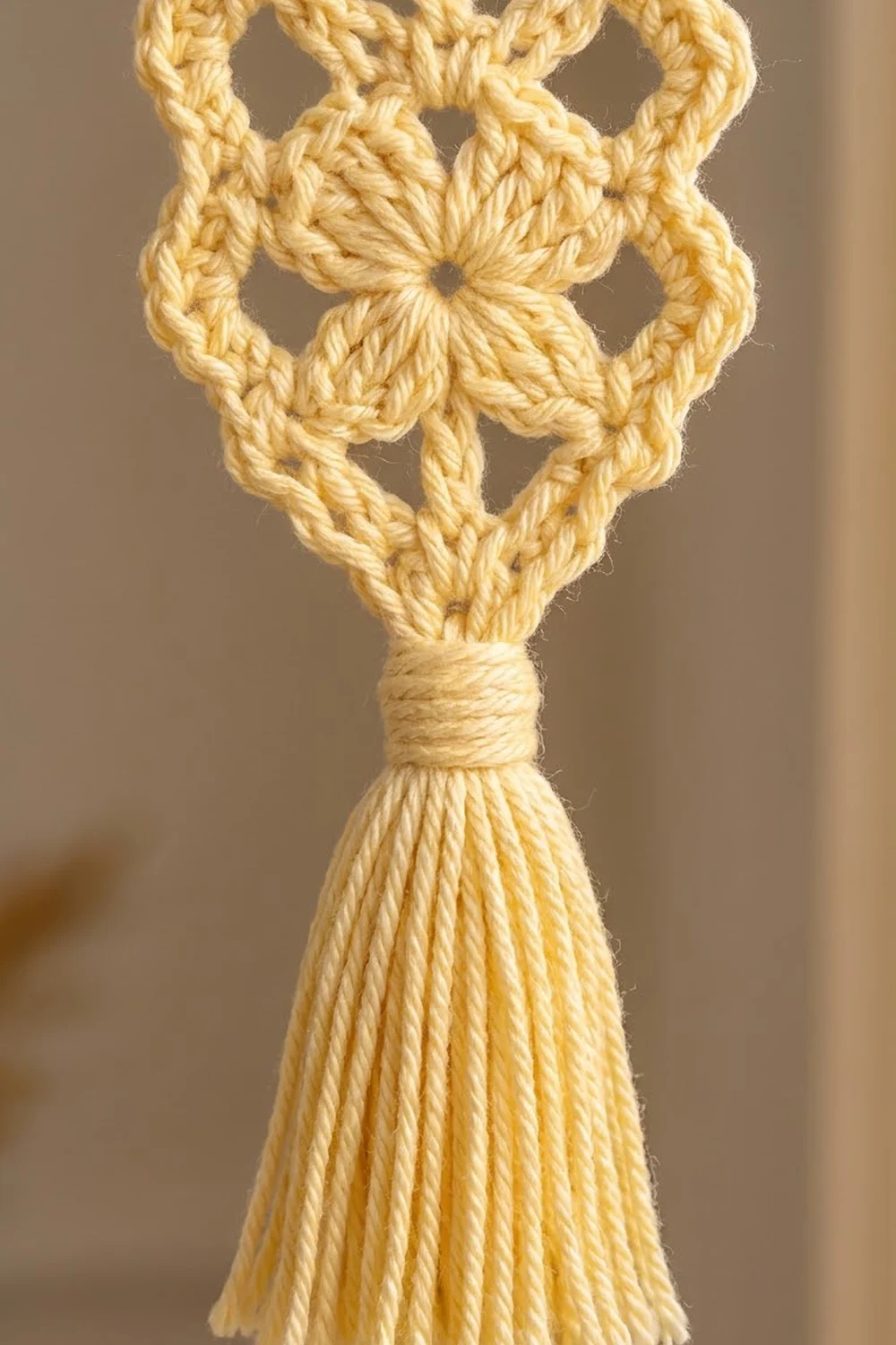 Close-up of cream macramé knot with symmetrical woven loops and long fringe tassel on neutral background.