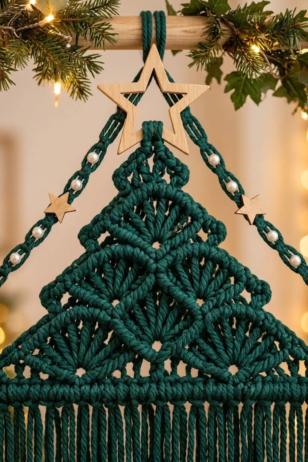 Dark green crocheted Christmas tree with wooden star top and pearl-beaded garland, surrounded by evergreen branches and warm golden lights.