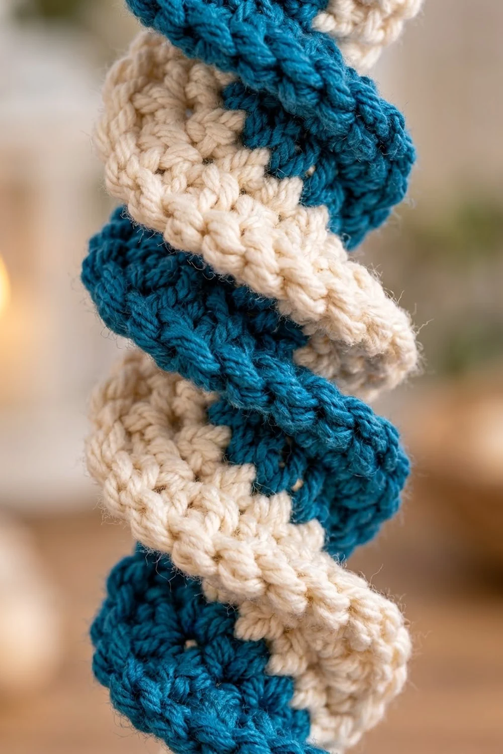 Close-up of a crocheted rope with alternating teal blue and cream stripes twisted in a spiral pattern.