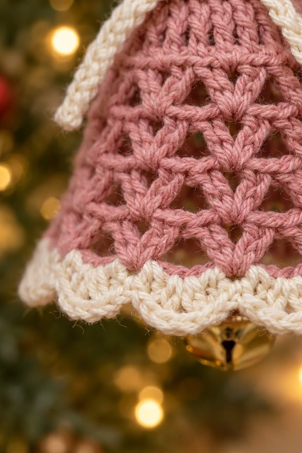 Pink crochet with openwork lattice pattern and cream trim, photographed against warm golden bokeh lights.