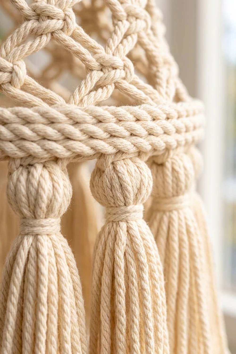 Close-up of cream-colored braided rope with decorative knotted tassels and ball knots against a soft, blurred neutral background.