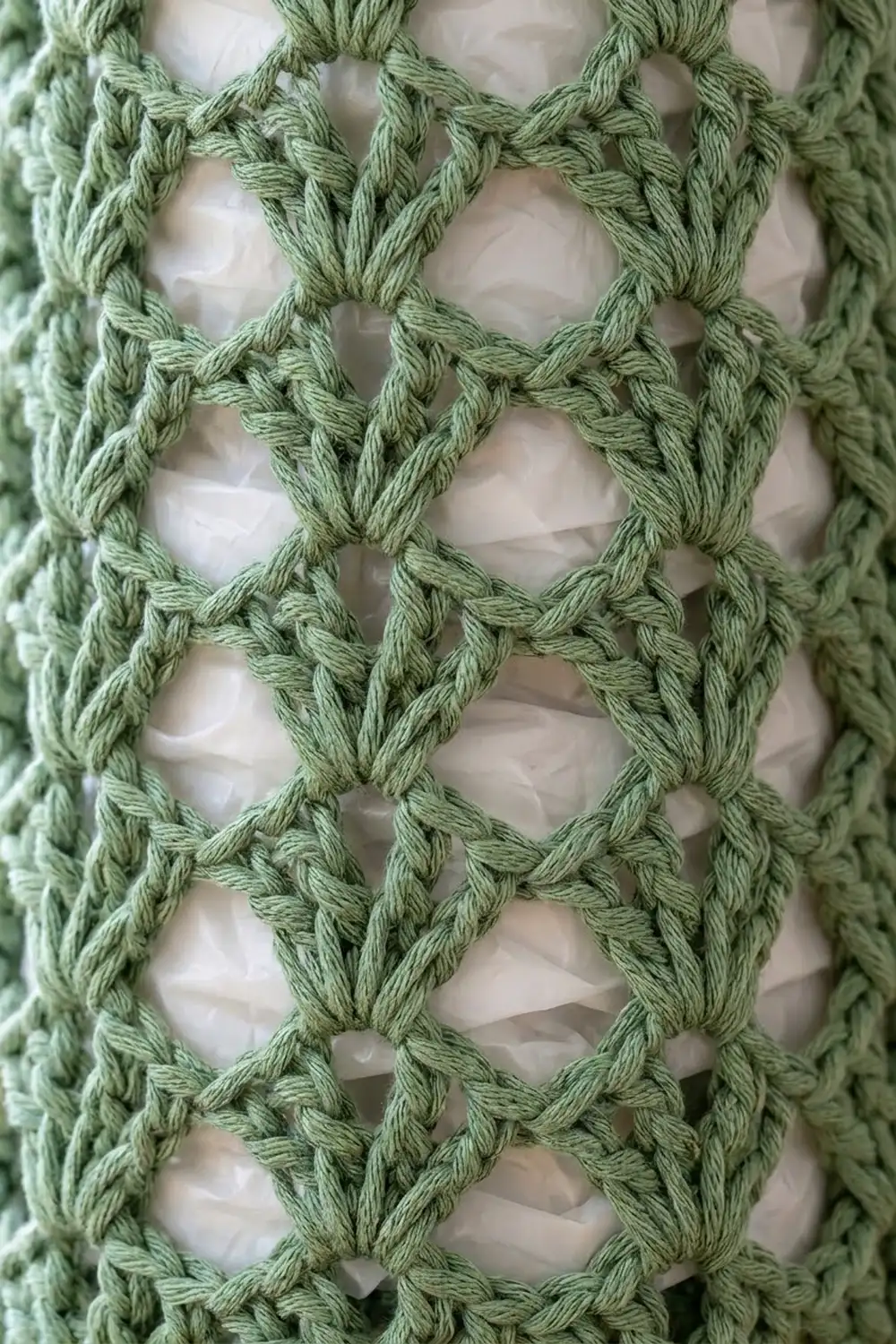 Sage green cable-knit textile with twisted stitches forming open diamond shapes against a white background.