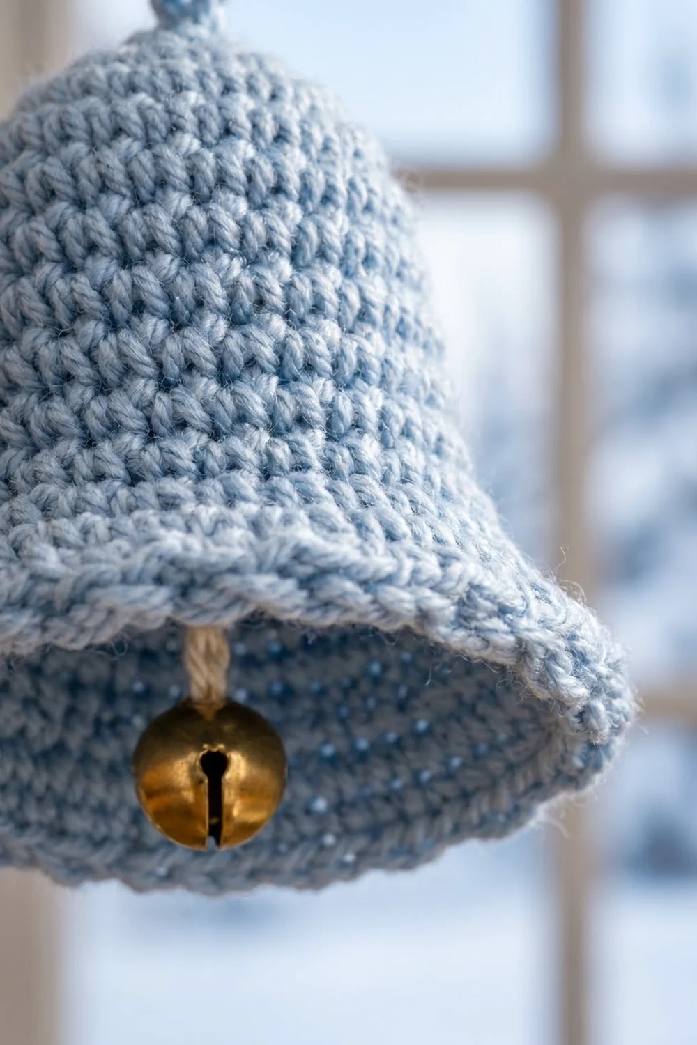 Gray crocheted amigurumi detail with popcorn stitches and a brass cat eye button against a snowy backdrop.