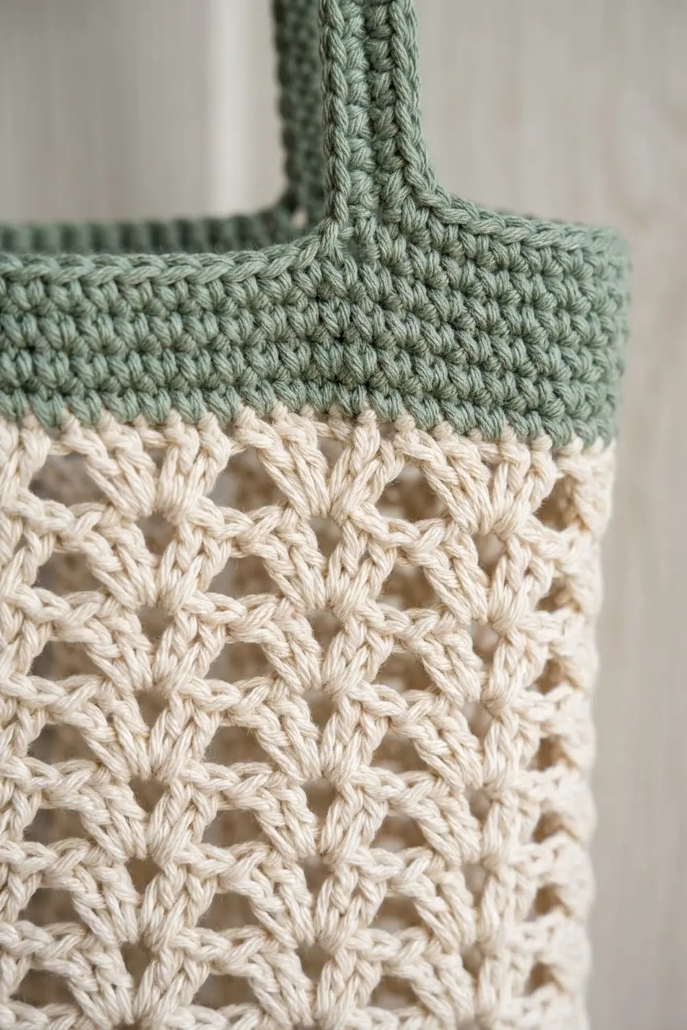 Close-up of a crocheted tote bag with sage green solid stitching top and cream openwork crochet body.