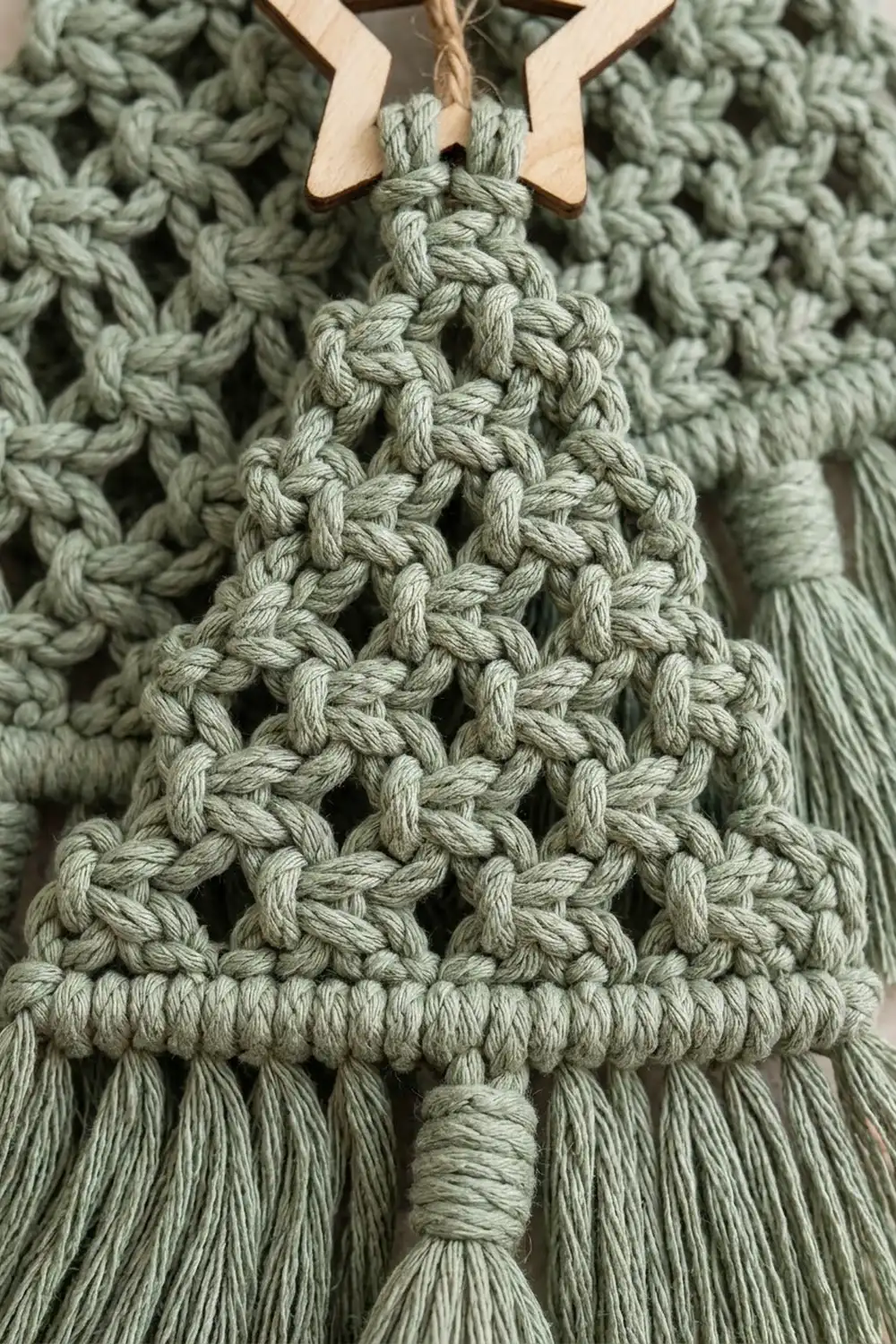 Close-up of sage green macramé with wooden toggle closure and flowing knotted fringe strands.