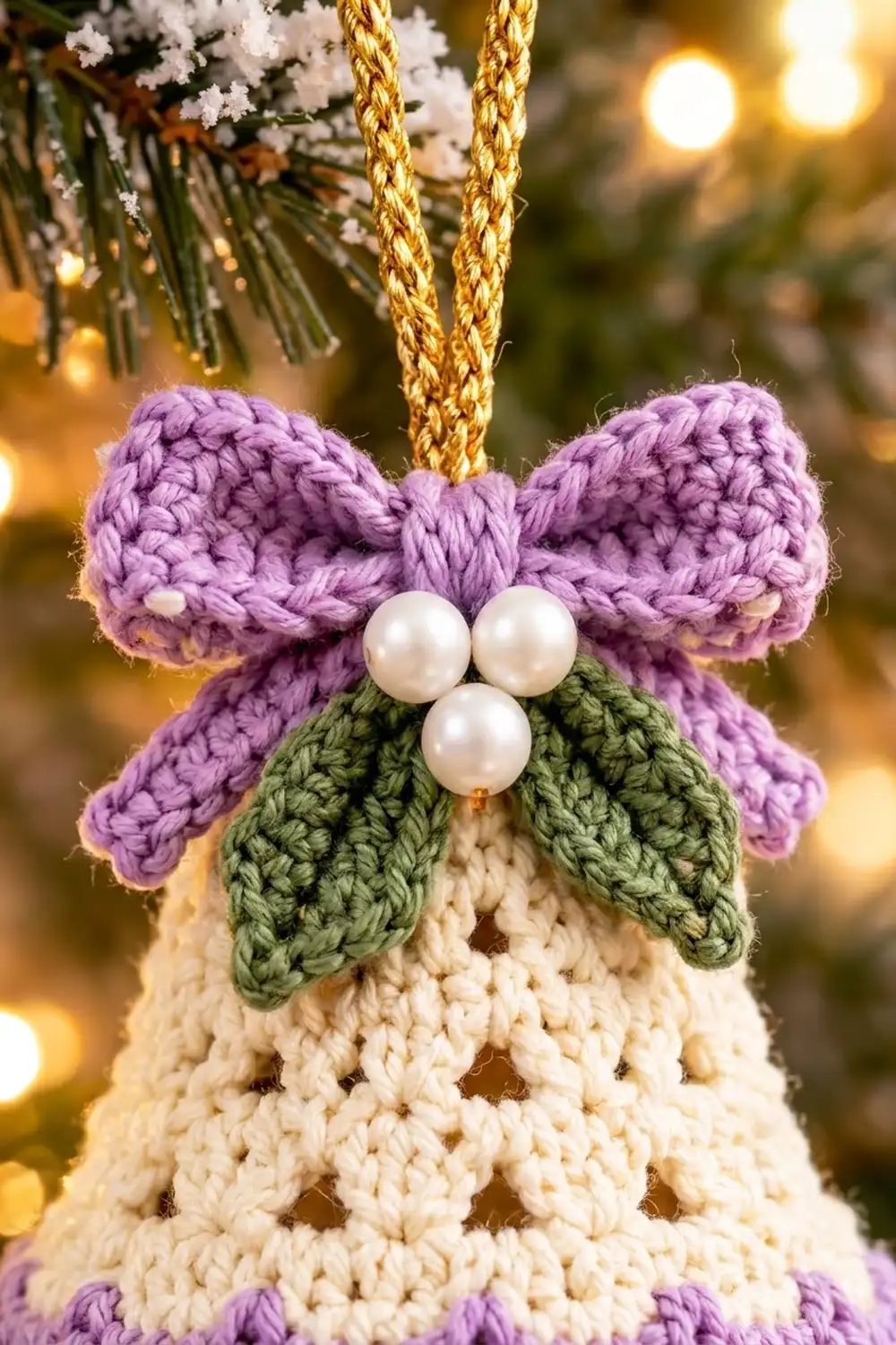 Crocheted bell ornament with purple bow, green leaves, and pearl berries on gold ribbon, glowing against soft holiday lights.