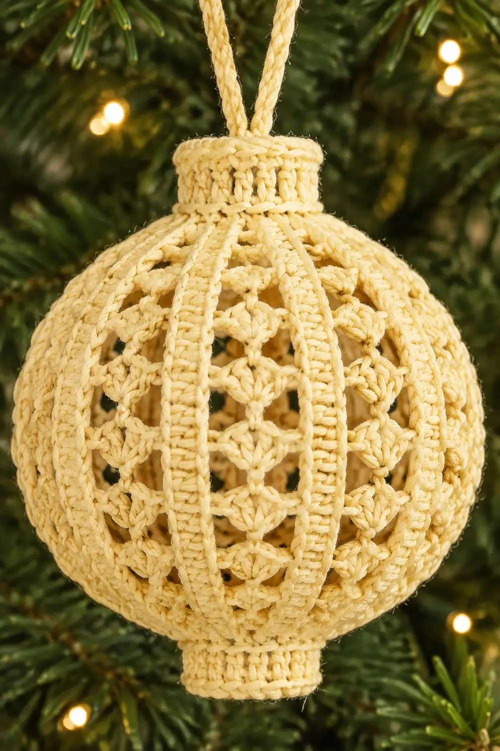 A cream-colored crocheted ball ornament with intricate lattice pattern hangs from twine against evergreen branches and warm lights.