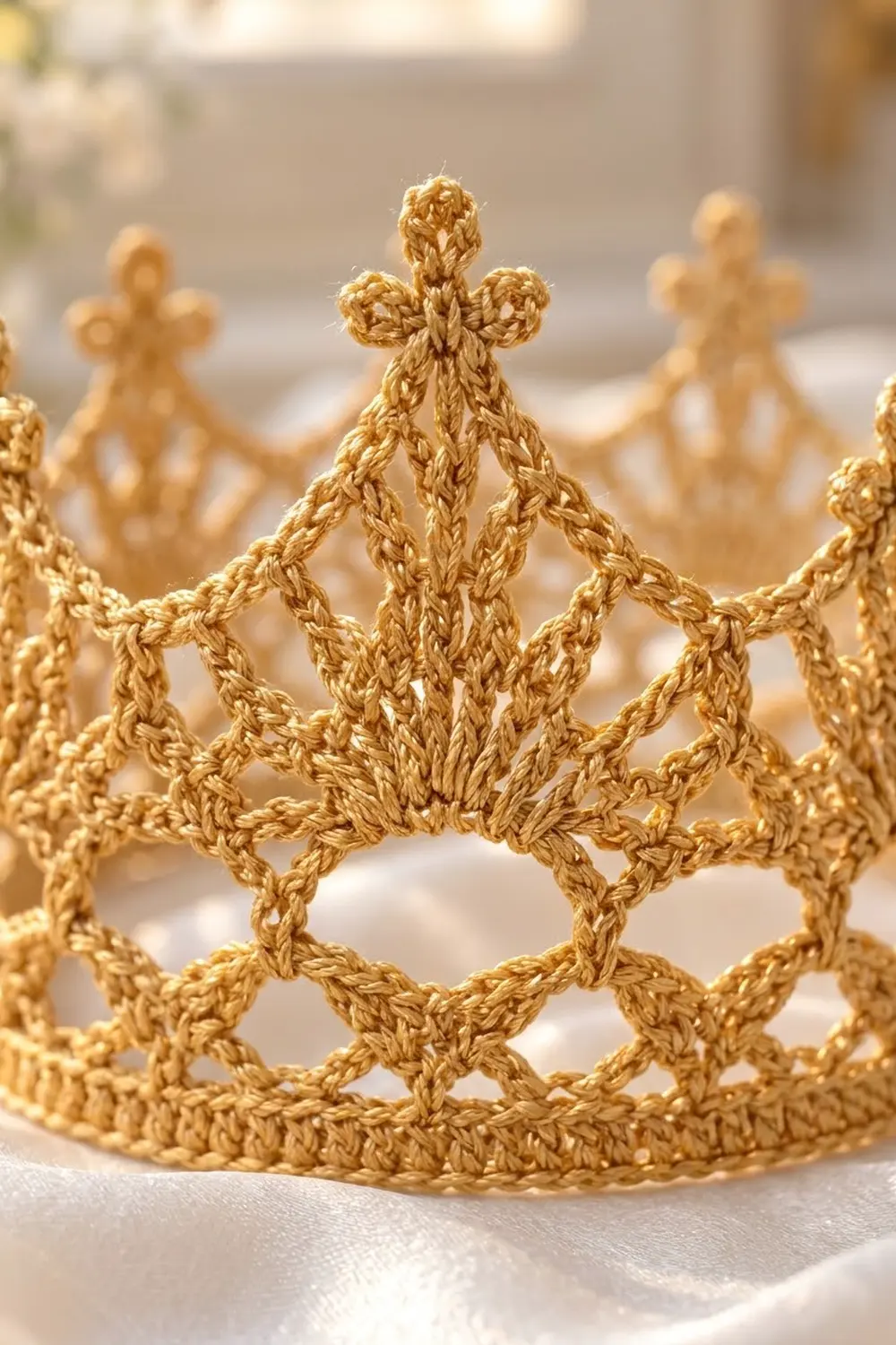 Golden crocheted crown with detailed openwork pattern, featuring ornamental points and a latticed base design.