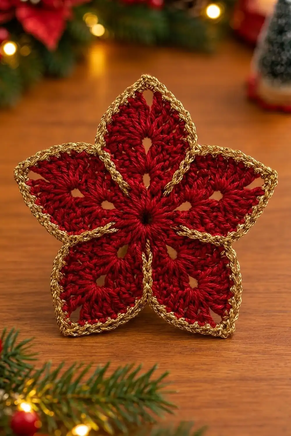 Handmade red crocheted five-pointed star with gold edging on wood, surrounded by festive holiday lights.