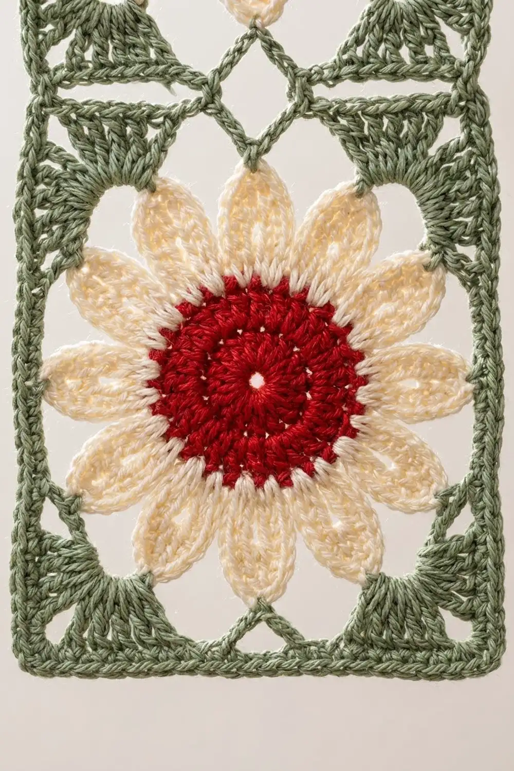 Handmade crochet flower with cream petals and deep red center, framed by geometric green border.