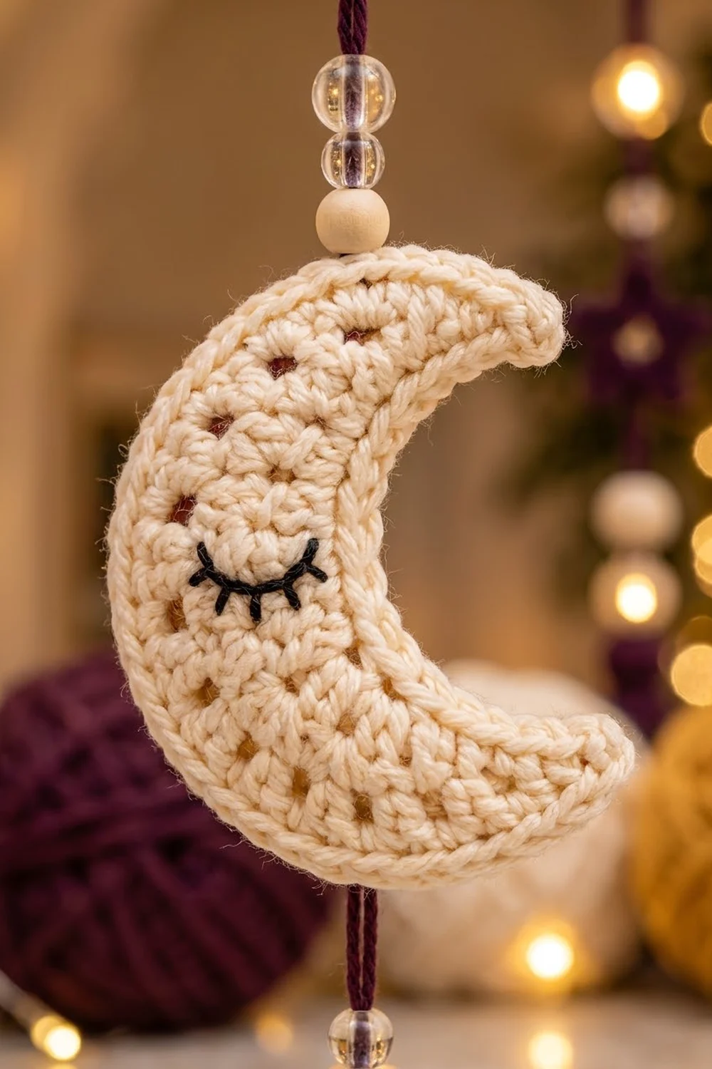 Crocheted cream moon ornament with embroidered closed eyes hangs from beaded purple cord in golden holiday bokeh.