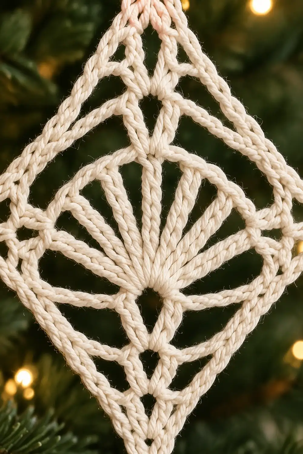 A cream-colored twisted rope ornament with geometric diamond pattern hangs against a blurred green and gold holiday background.