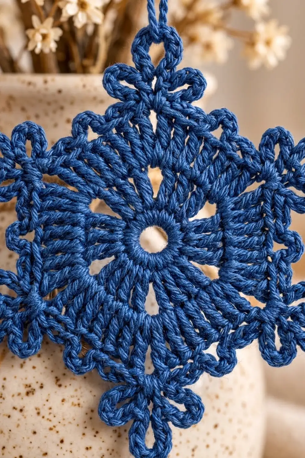 Blue crocheted lace snowflake with white center bead hanging in cozy holiday decor with dried flowers.