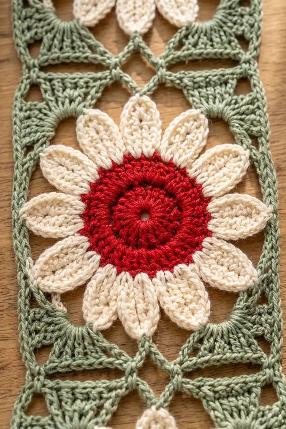 Crocheted flower with red center and cream petals surrounded by sage green lattice grid on wooden surface.