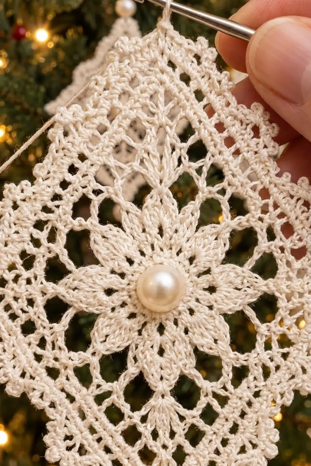 Hand holding a delicate crocheted snowflake ornament with pearl center against a Christmas tree backdrop.