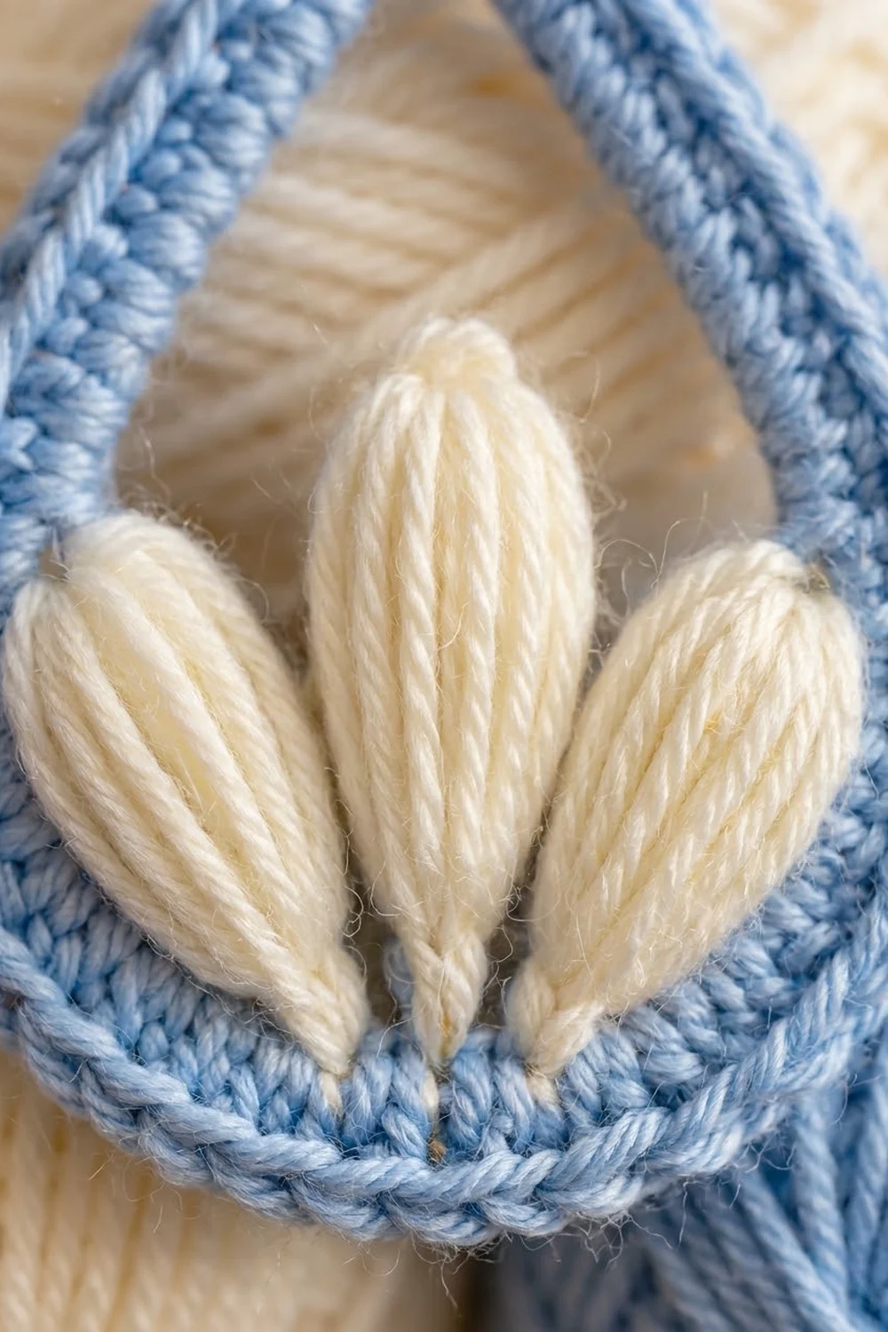 Three cream petal-shaped crochet pieces held within a blue braided rope frame on neutral background.