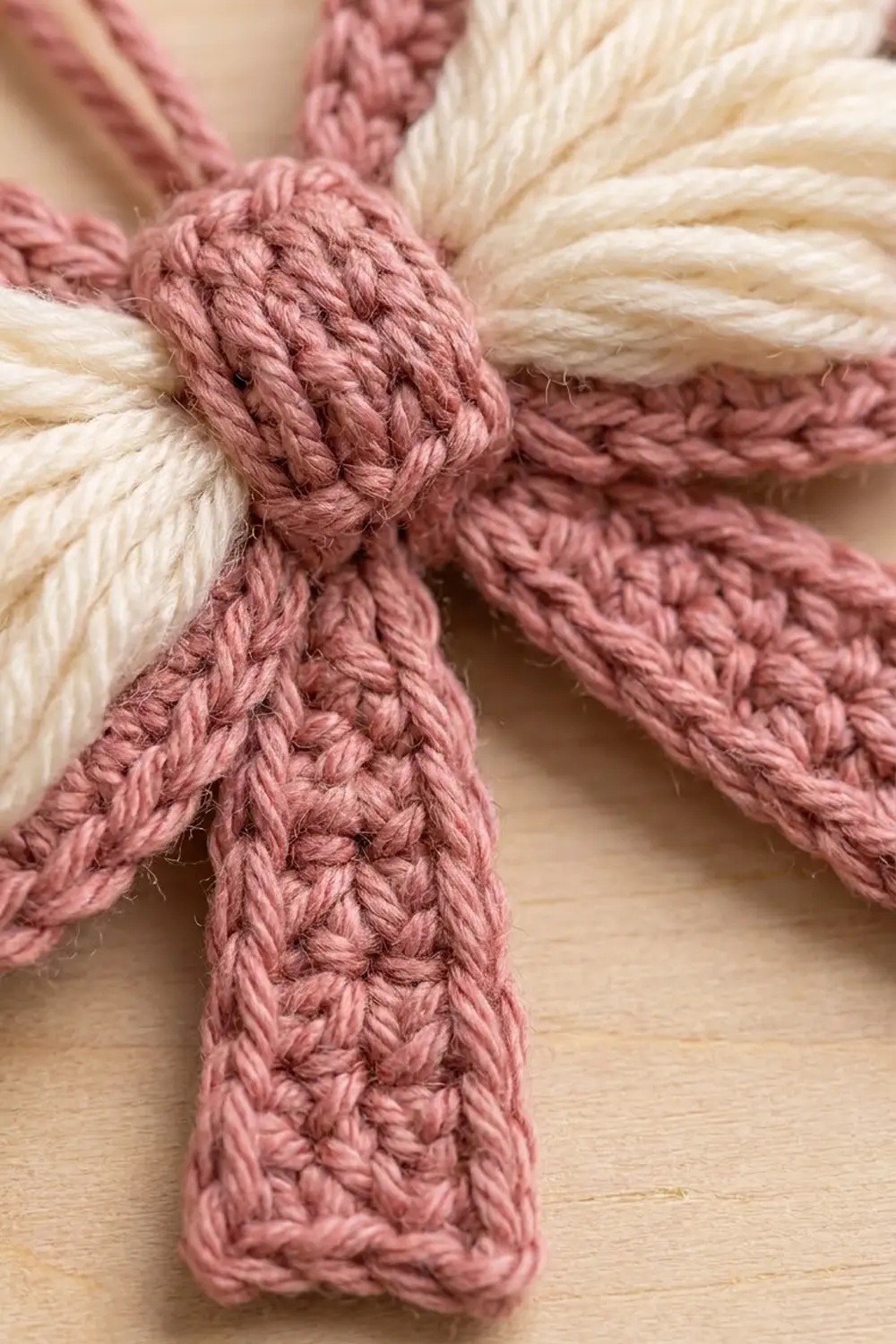 Crocheted pink and cream yarn twisted together, showing detailed stitch texture on a light wood surface.