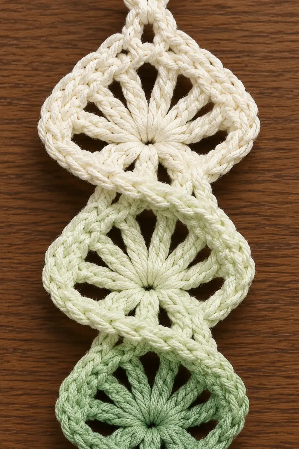 Three stacked macramé ornaments in cream, pale yellow, and sage green displayed against a wooden surface.