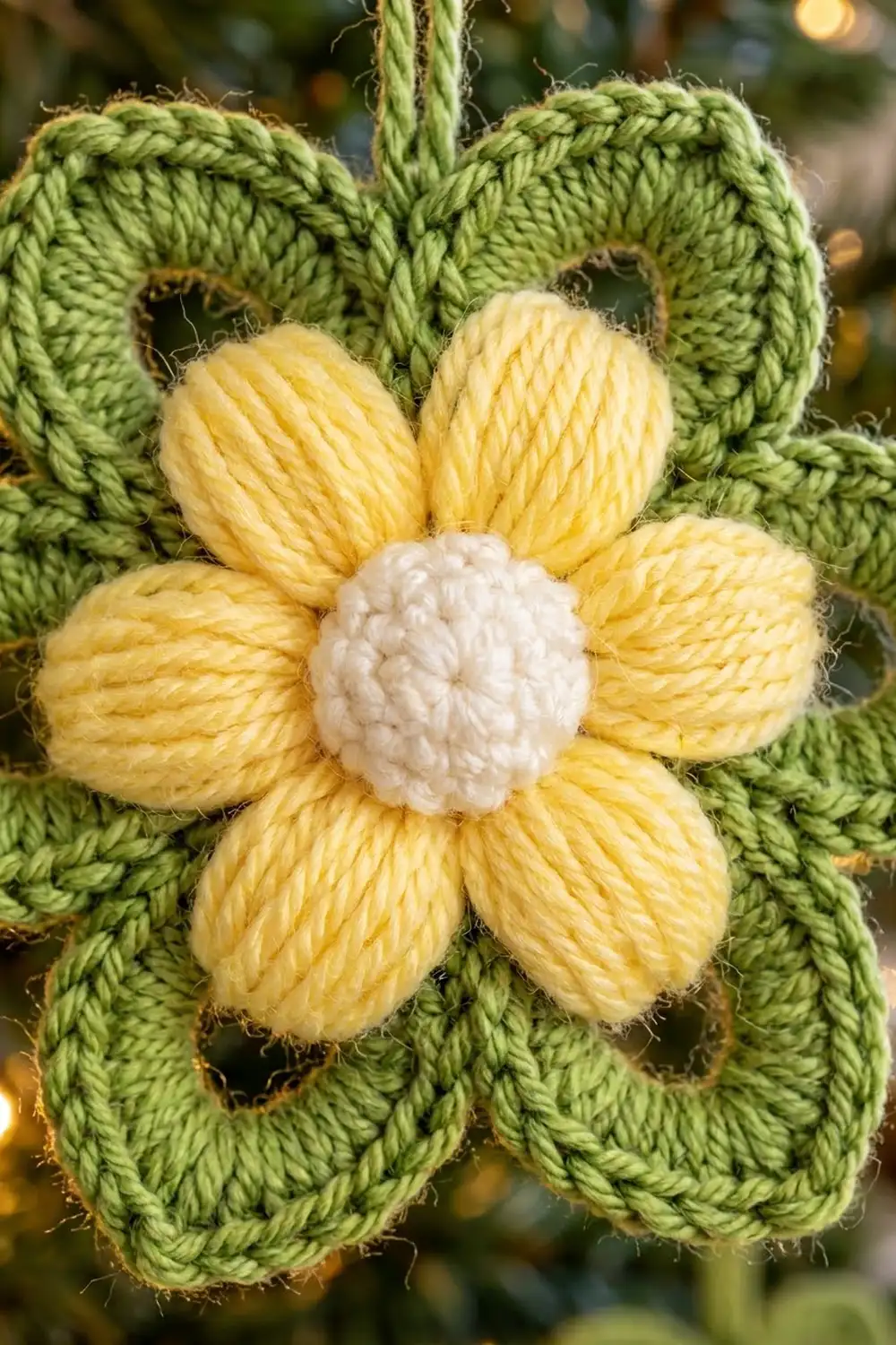 Close-up of a crocheted yellow flower with white center and green leaves, showing detailed yarn texture.