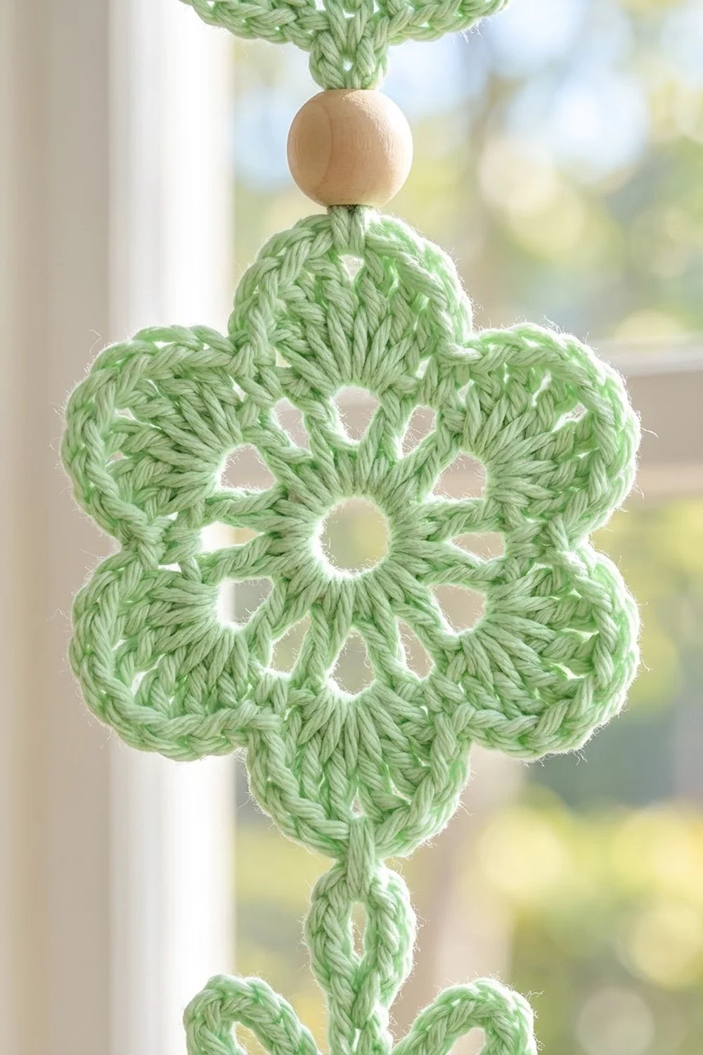 Delicate sage-green crocheted flower ornament with wooden bead accents, backlit by soft natural window light.