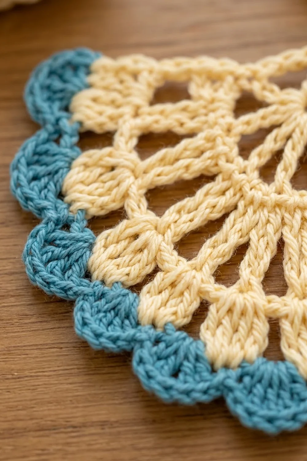 Close-up of a crocheted piece with teal binding and cream fringe strands on a wooden surface.