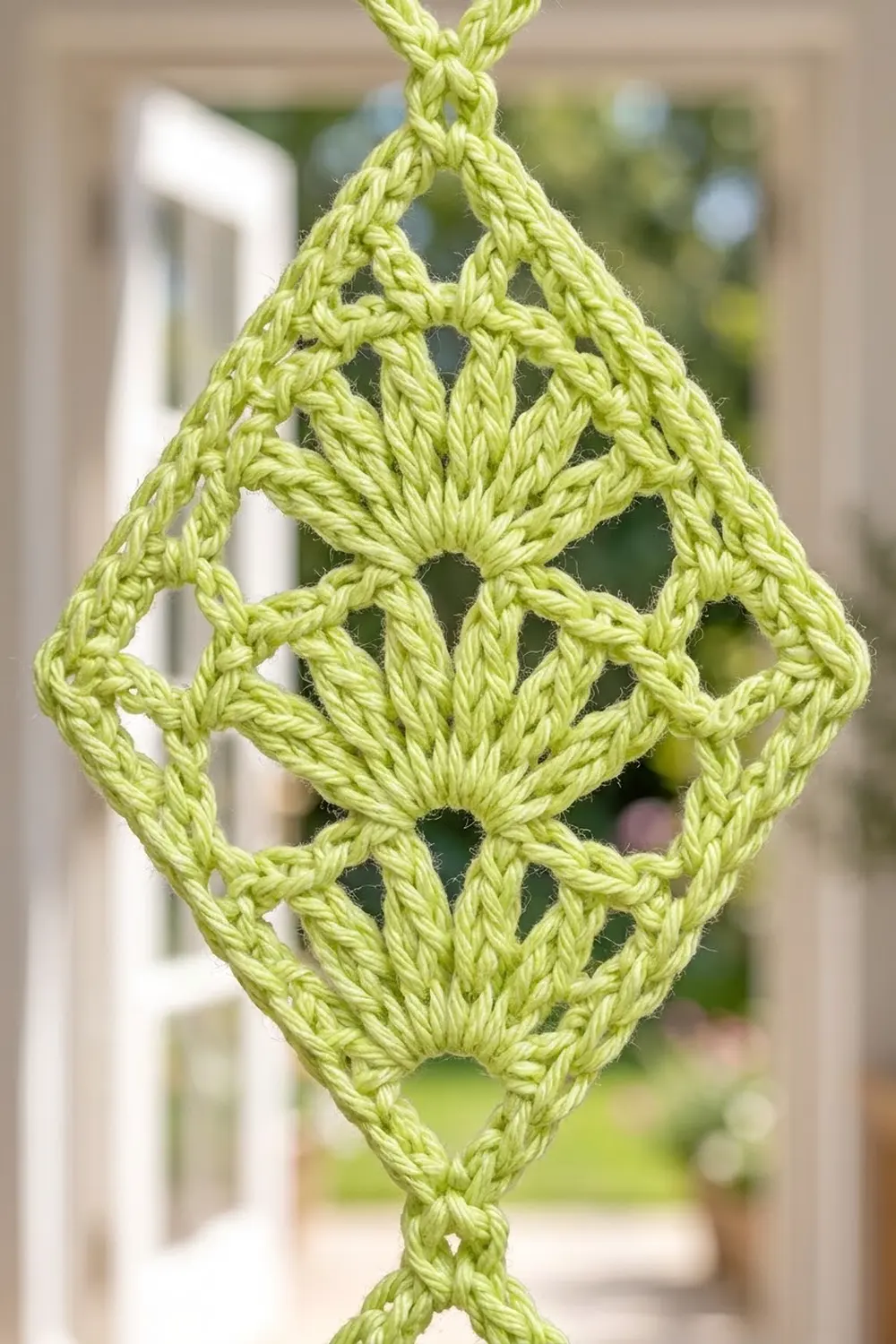 Lime-green crocheted diamond ornament with flower-petal design hanging against a blurred background of house and garden.