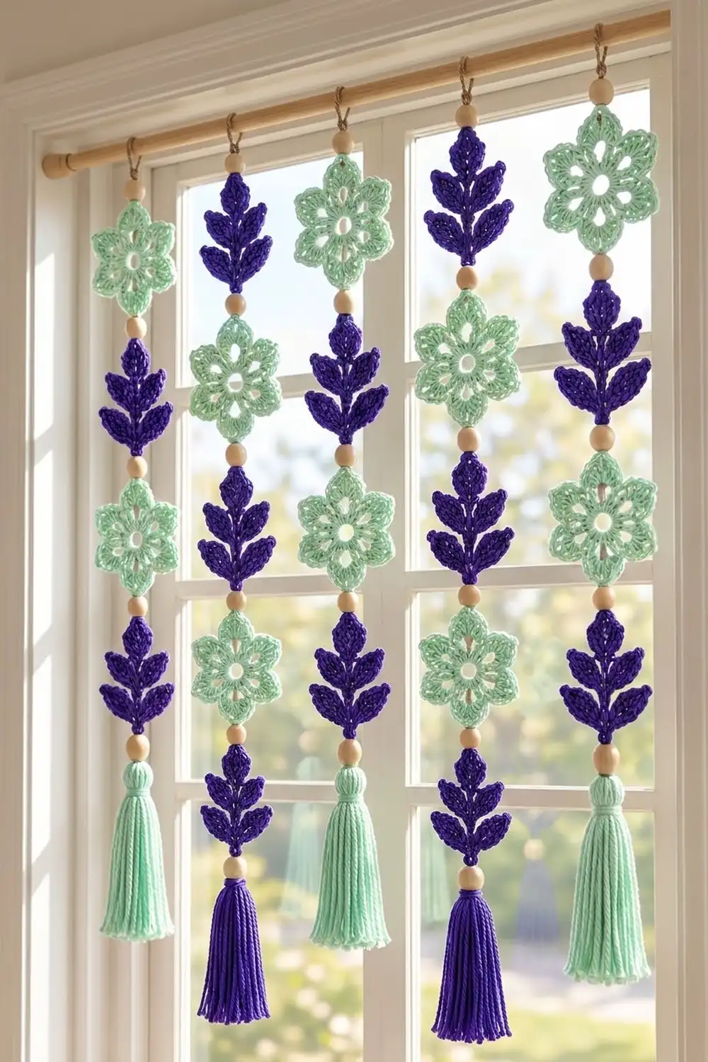 Crocheted garland with alternating mint green flowers and deep purple leaf motifs, wooden beads, and tassels hanging before a window.
