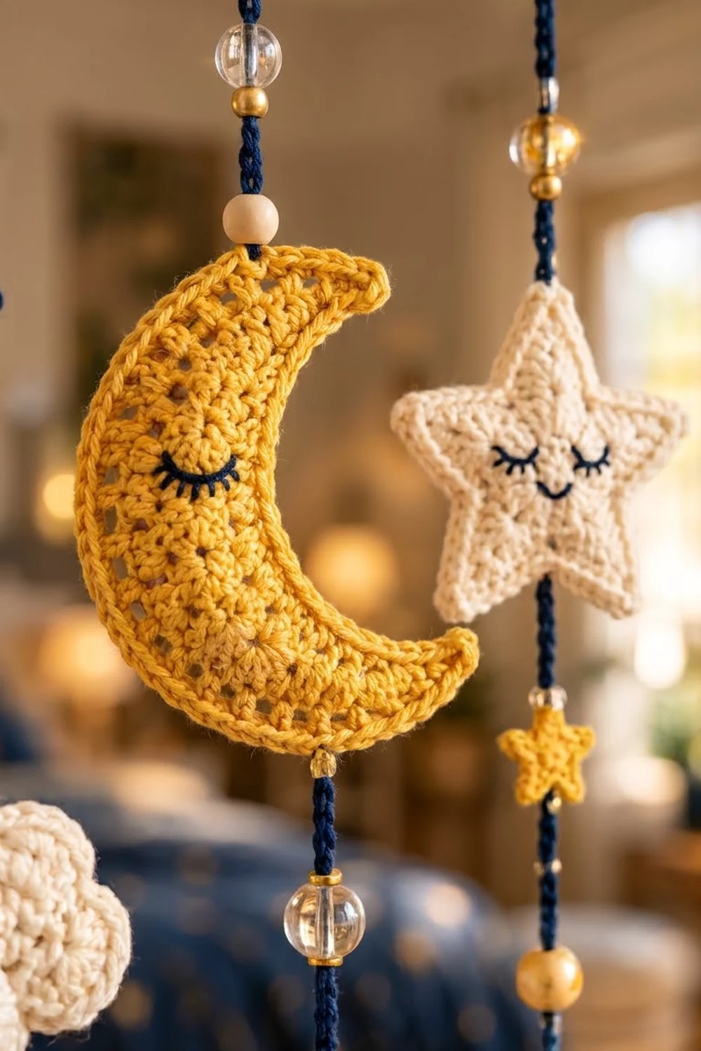 Golden crocheted moon and cream star ornaments with embroidered faces dangle on navy strings adorned with glass and gold beads.