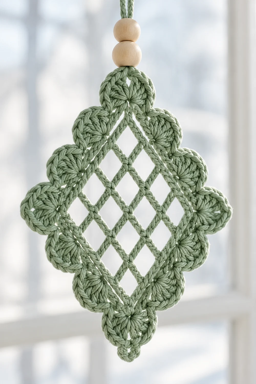 A sage green crocheted ornament with diamond lattice pattern hangs from beaded cord in front of a blurred window.