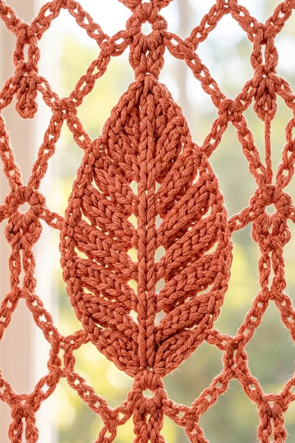 Rust-orange crocheted lace panel featuring diamond-shaped motif with intricate openwork, backlit by soft natural light.