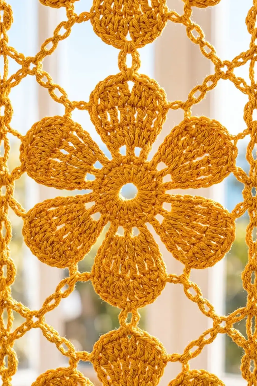 Golden crocheted lace doily with interlocking flower petals and chain stitches, backlit through a sunny window.