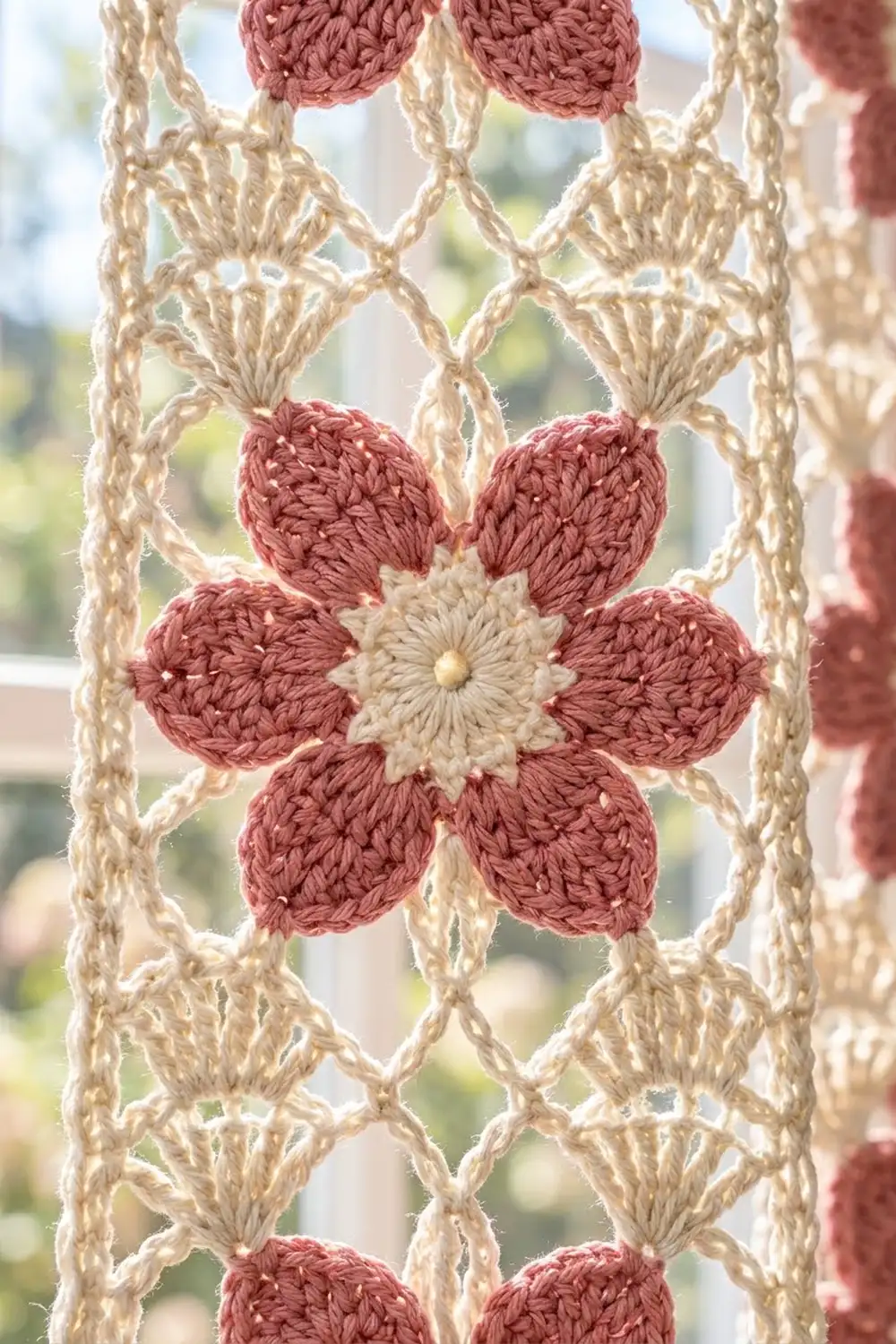 Handmade crochet textile featuring mauve pink flowers with cream centers against a delicate cream lattice pattern, backlit by window light.
