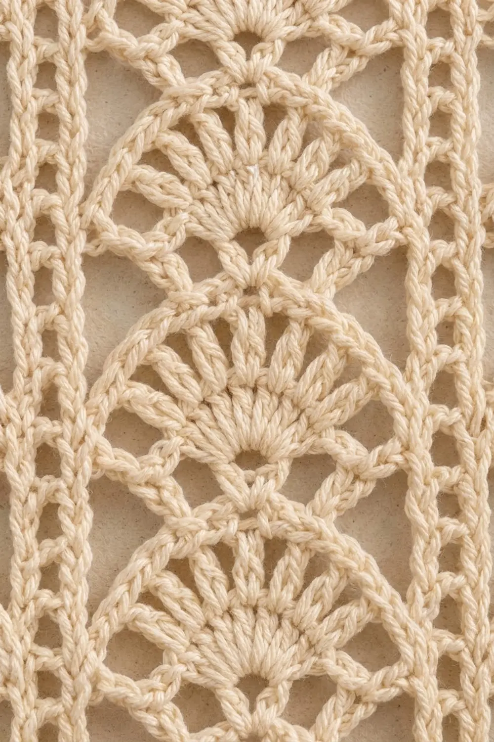 Detailed close-up of natural beige crochet lace with repeating openwork diamond patterns and texture.