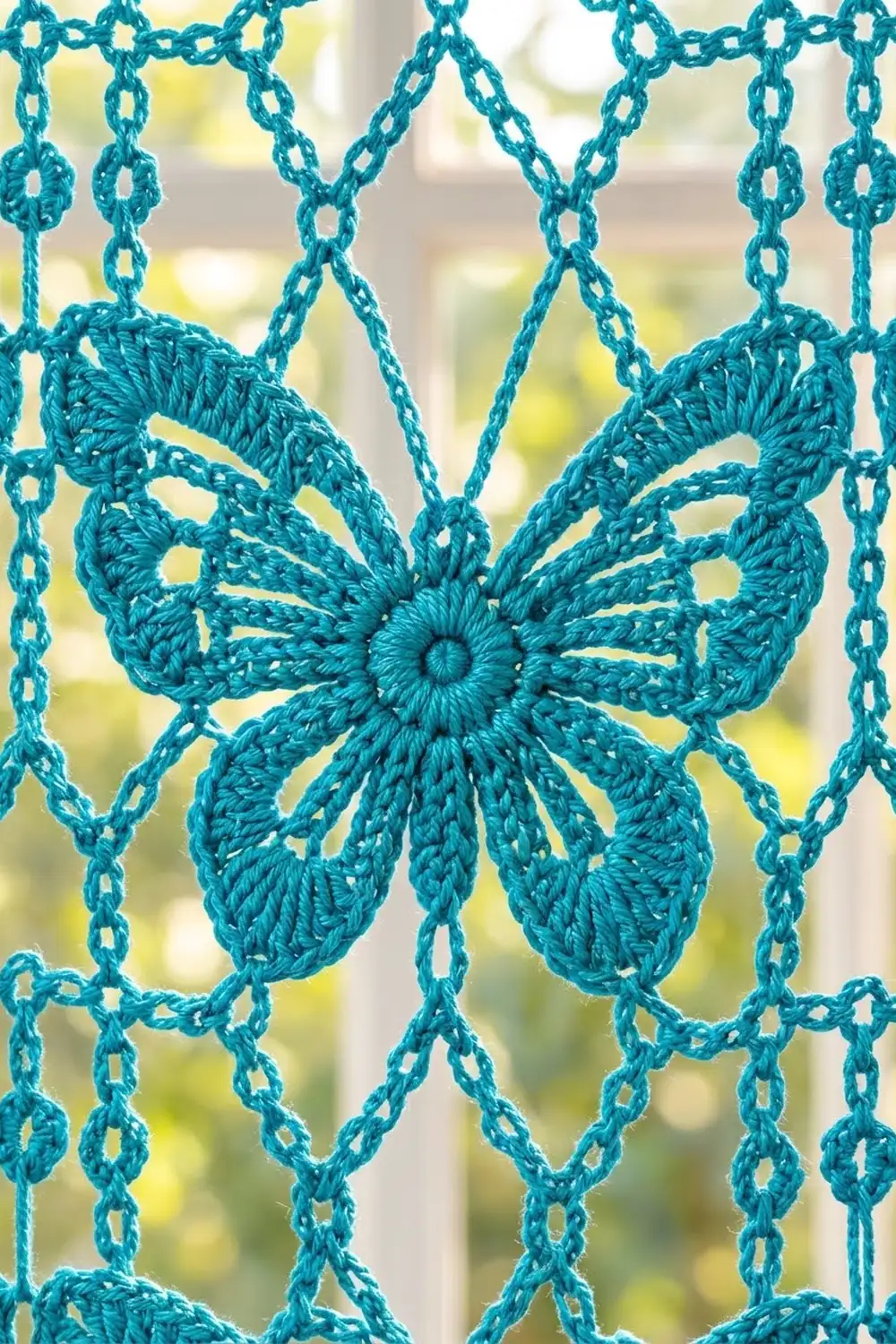 Turquoise crocheted butterfly surrounded by delicate lacy chain pattern with blurred green and yellow background.