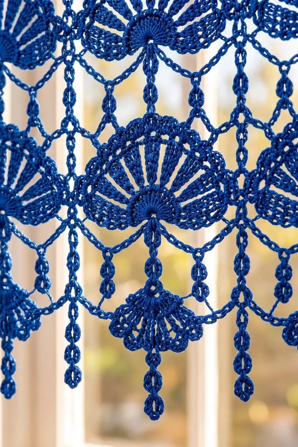 Delicate deep blue crocheted lace with ornate flower medallions and teardrop fringe against a warm, blurred background.