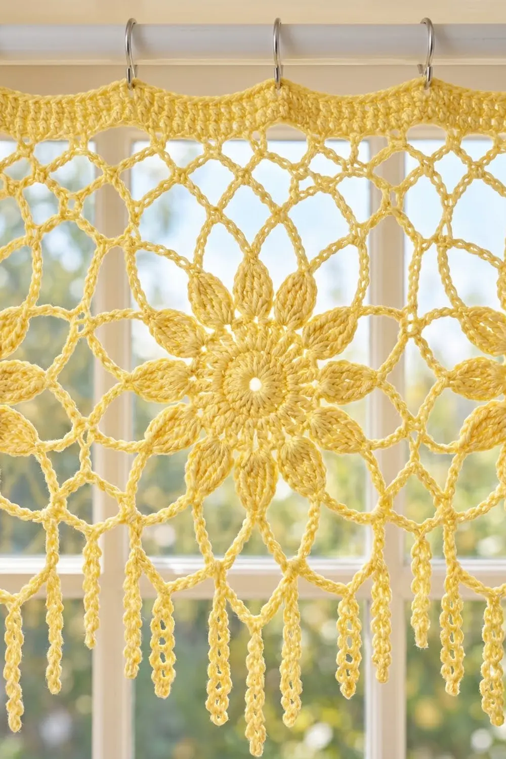 Bright yellow crocheted doily with flower motif and fringe hanging from metal hooks near a window.