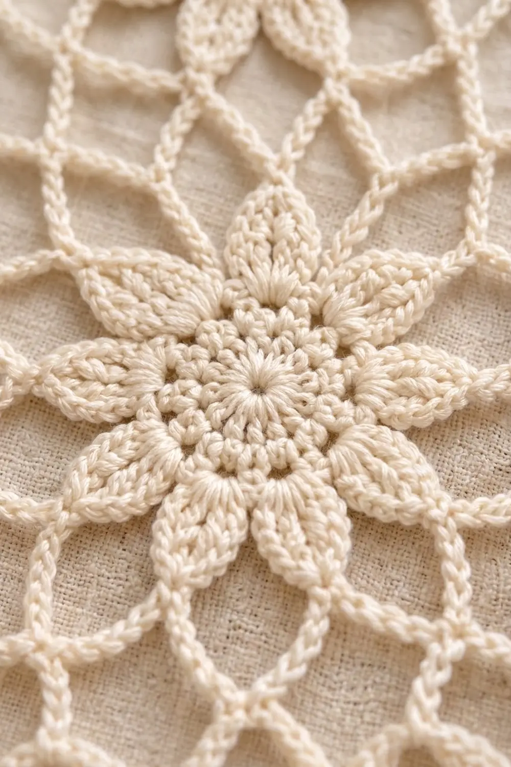 Detailed close-up of cream crocheted lace featuring a textured star motif centered on light neutral fabric.