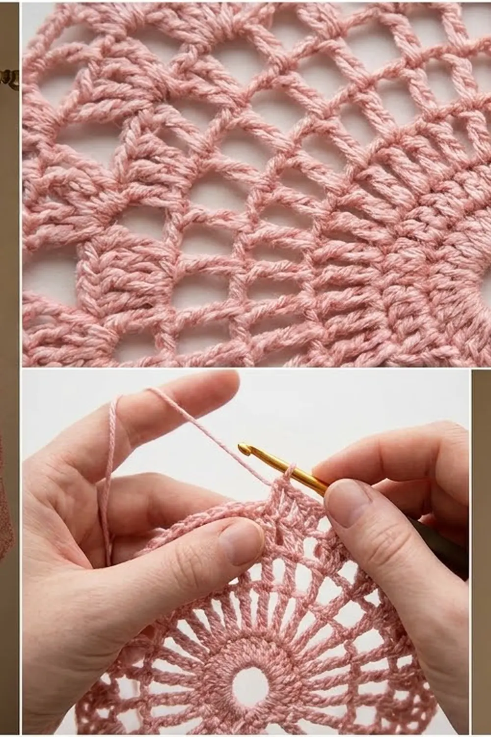 Close-up of pink crochet lace with finished open-work pattern above and hands actively stitching with gold hook below.