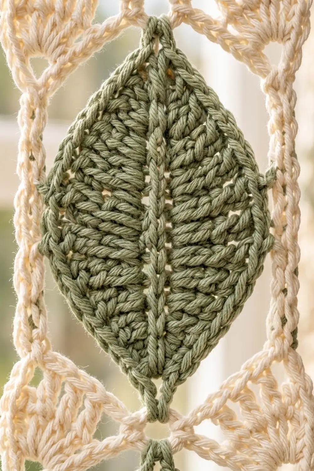 Close-up of sage green crocheted leaf suspended between cream-colored twisted cords, displaying detailed stitch work.