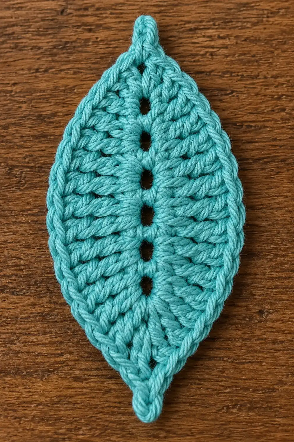 Turquoise crocheted leaf ornament with openwork pattern displayed on a wooden surface.