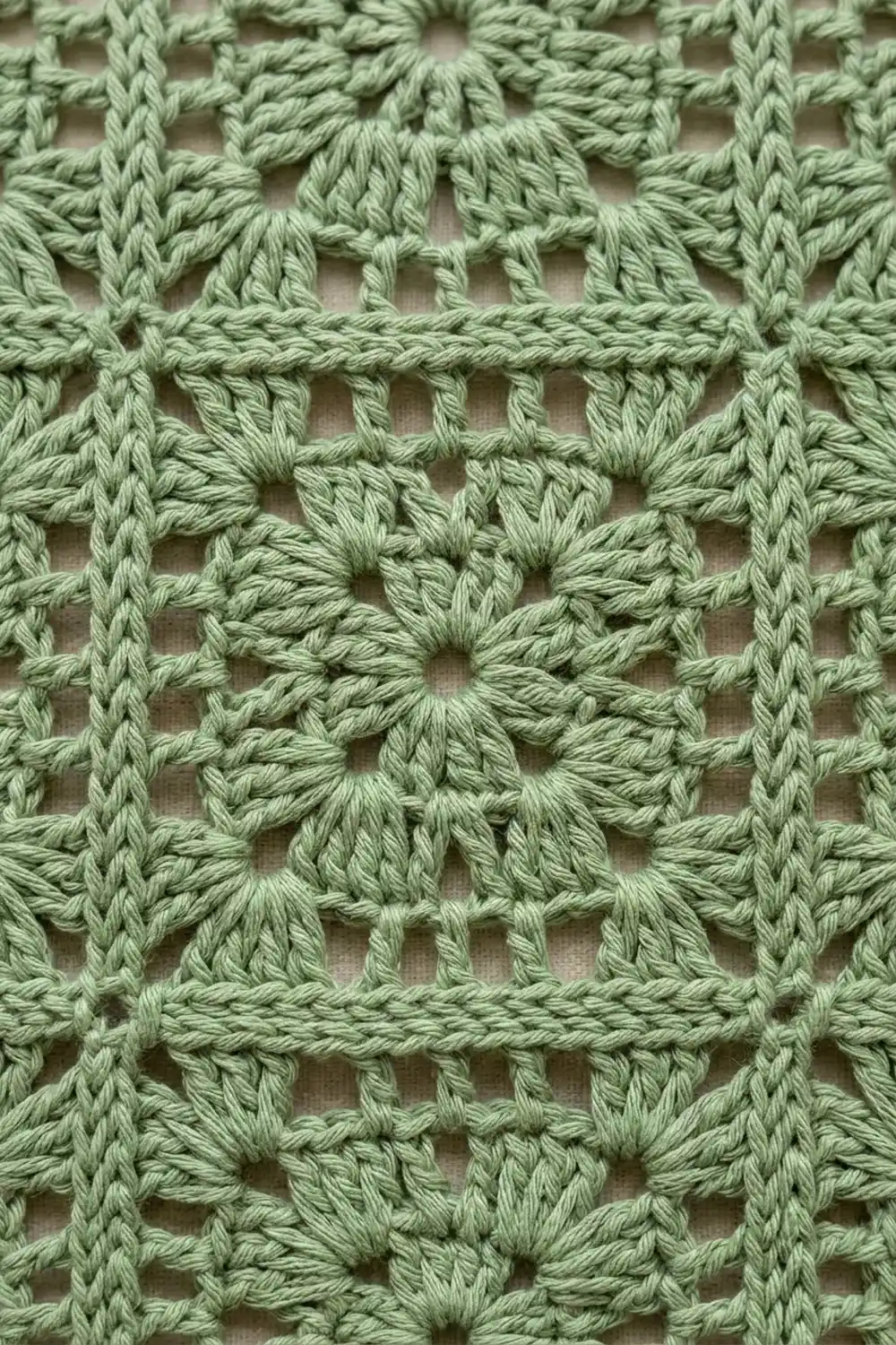Sage green crocheted lace with geometric openwork pattern and detailed textured yarn.