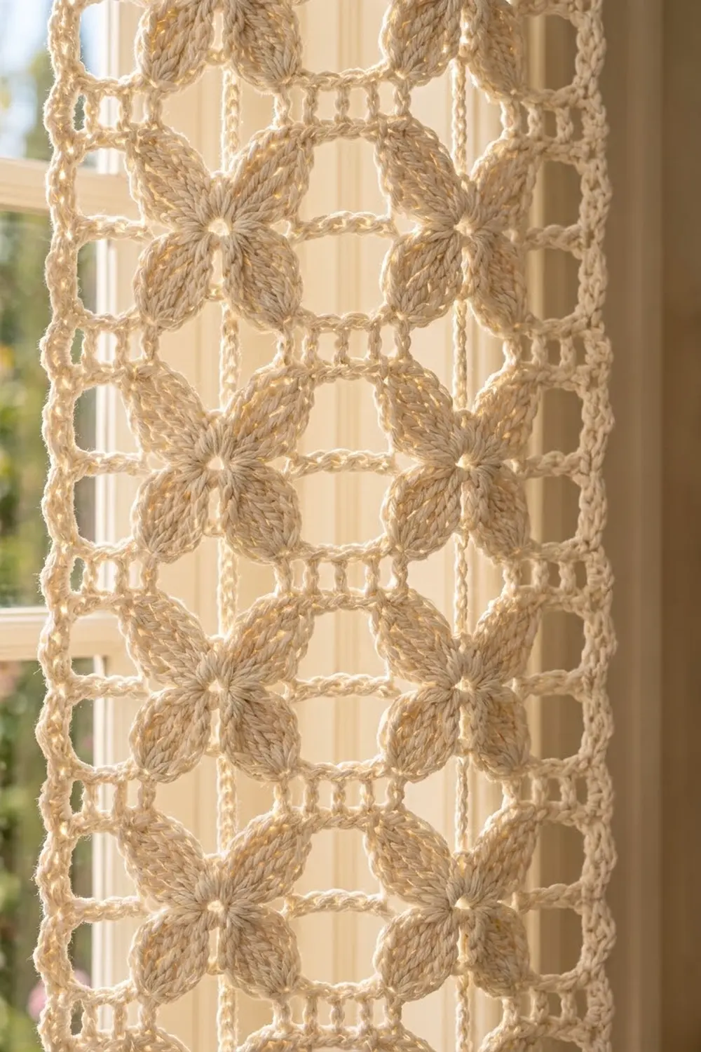 Tan crocheted lace with repeating four-petal motifs hangs at a bright window, highlighting the delicate open-work pattern.