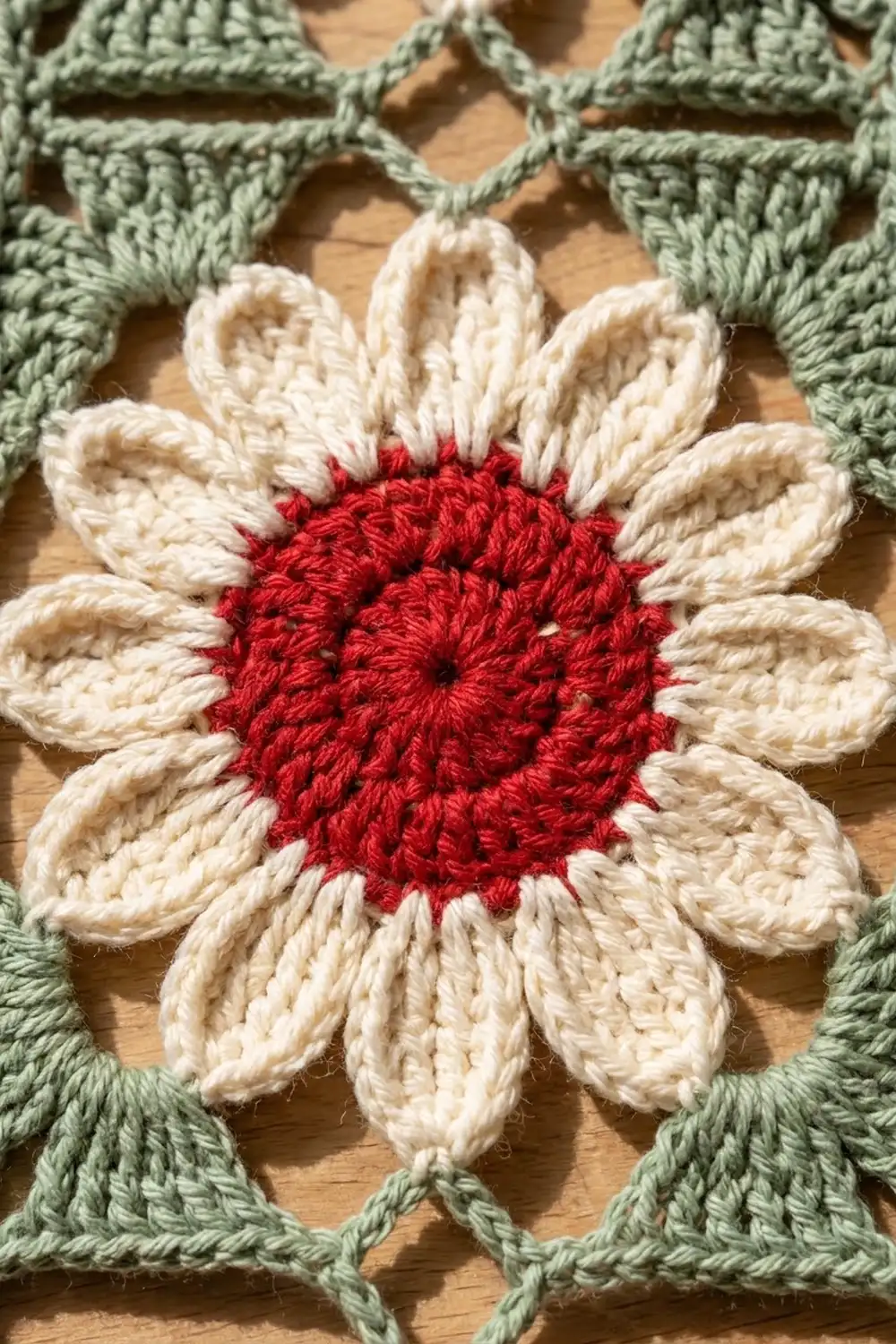 Crocheted red-centered flower with cream petals and green lattice background, displayed on natural wood.
